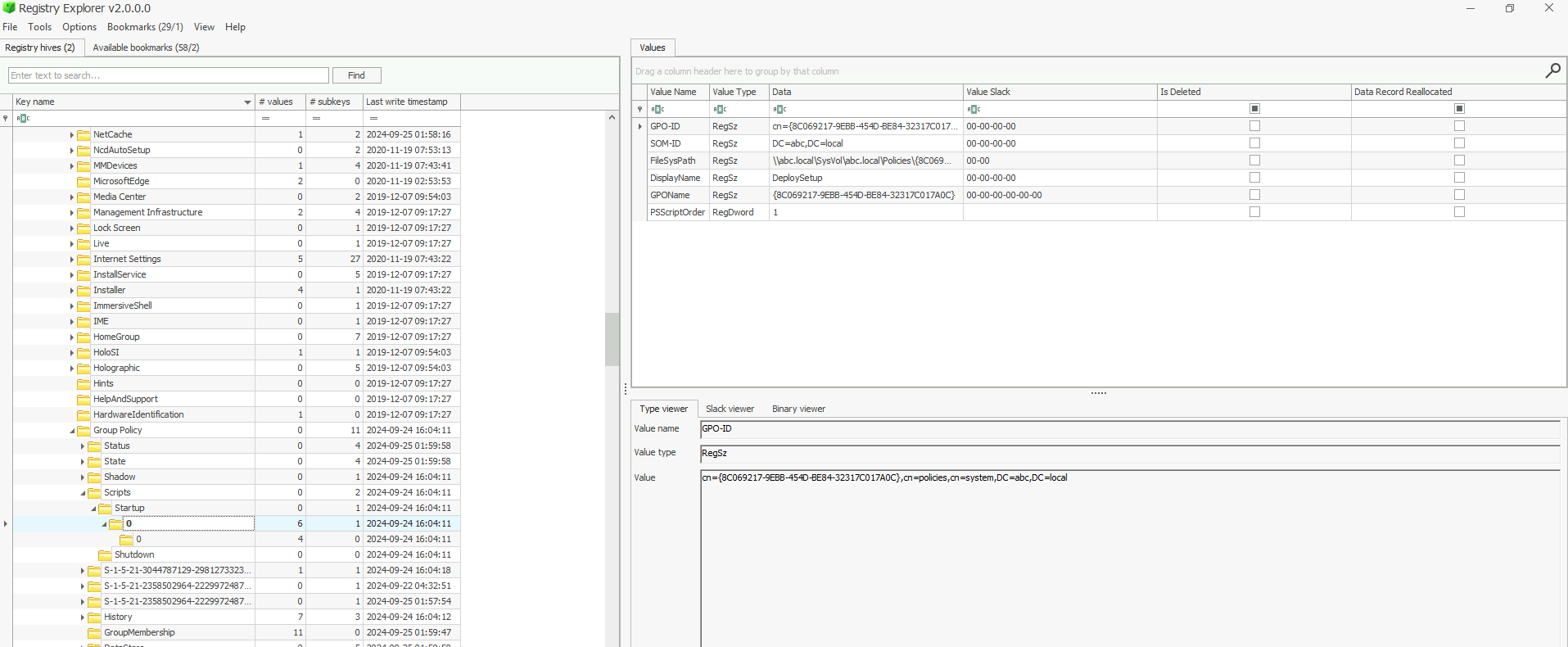 Image of Registry Explorer showing the GPO name