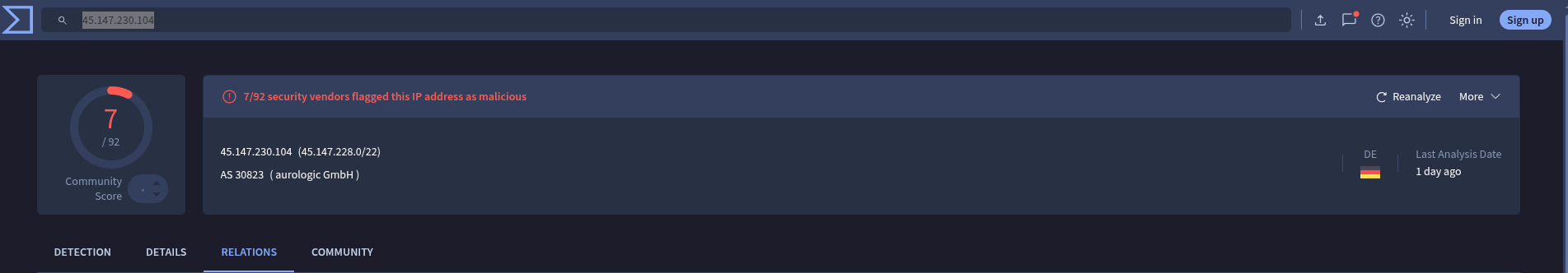 Virus Total output of the header of the IP, containing a 7/92 community score