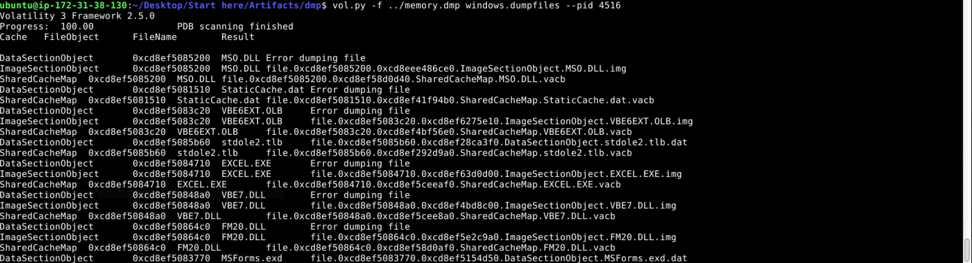 Screenshot of the command described above, containing a lot of output from the command, a lot of miscellaneous files being recovered, none of them interesting