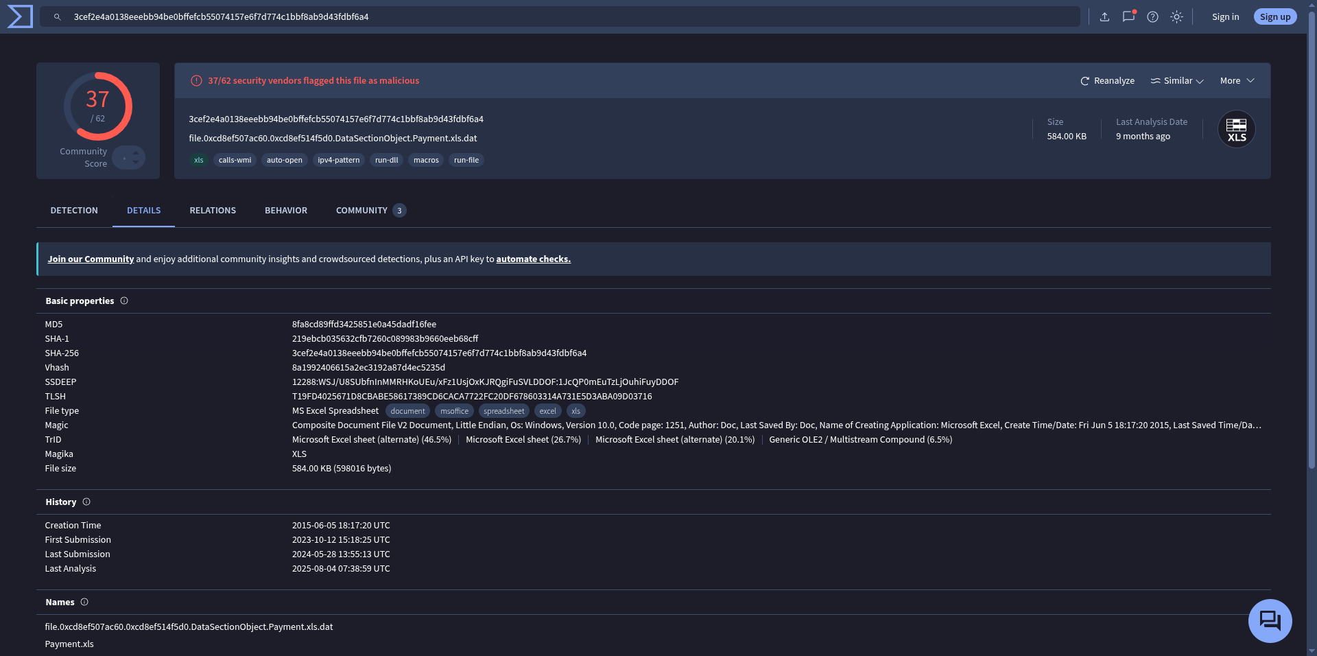 VirusTotal Details Pane, containing all sorts of data about the malware submitted, including the creation time of the file.