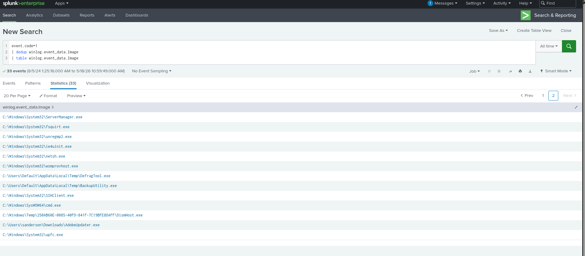 Splunk results, containing the Adobe Installer.exe file we're looking for